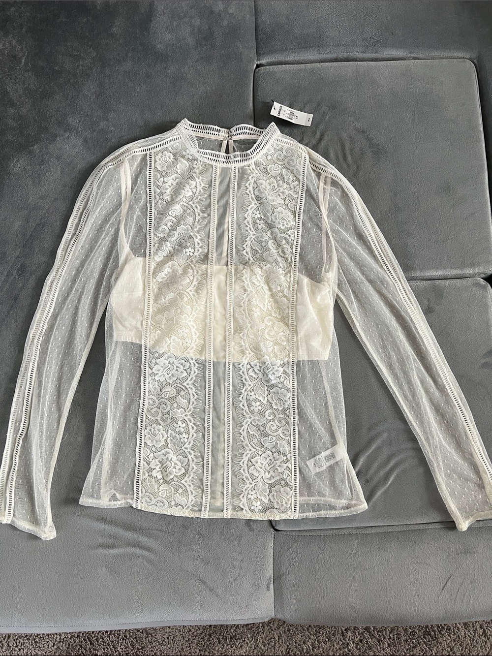 Express Sheer Lace Panel Long-Sleeve Top in Ivory- NWT